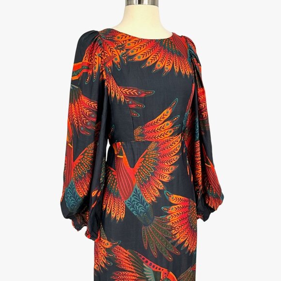 Farm Rio Arabesque Toucans Open Back Midi Dress in Multi Size S Long Sleeve - Picture 7 of 12